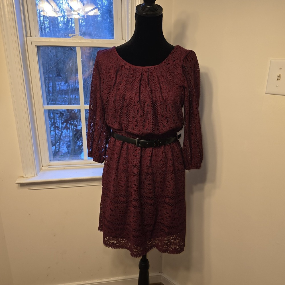 AS U WISH Burgundy Lace Long Sleeve Belted Sheath Dress‎ Size L
